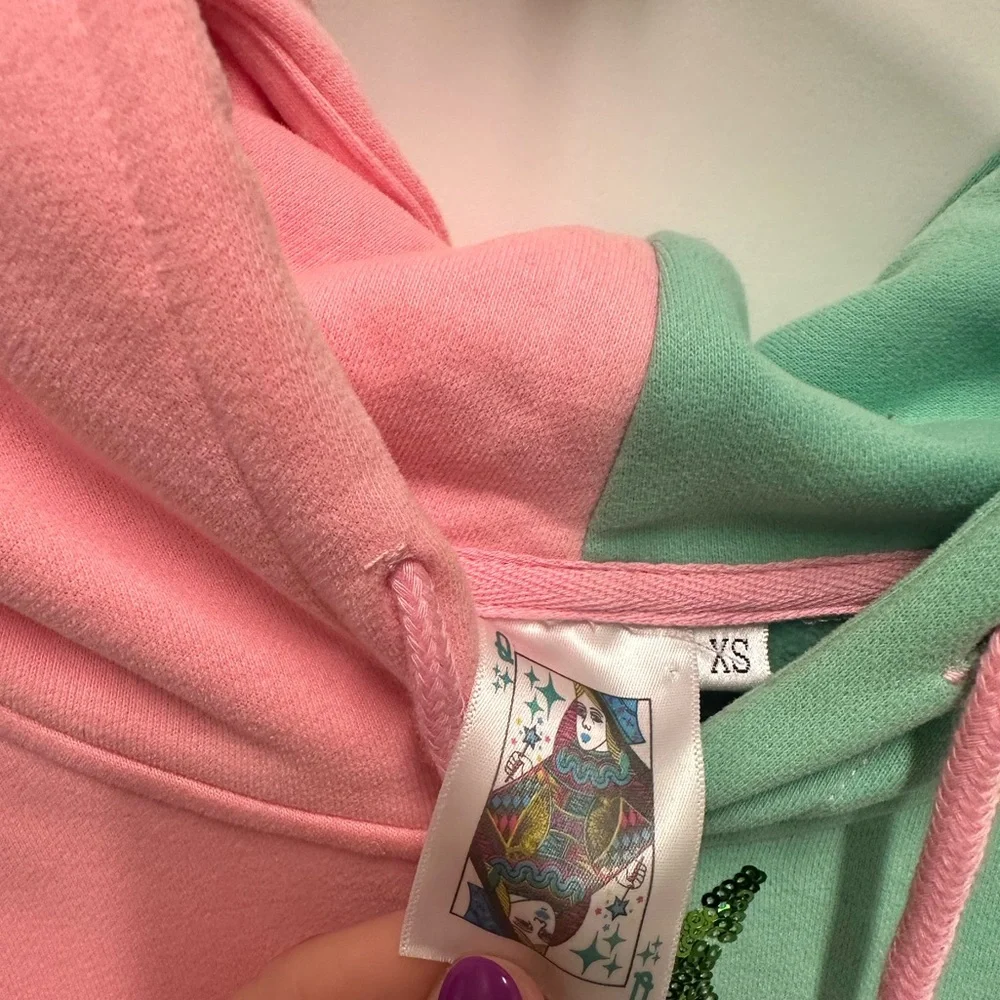 QOS Floral Embroidered Hoodie - Pink & Mint Color-block - Picture 5 of 5